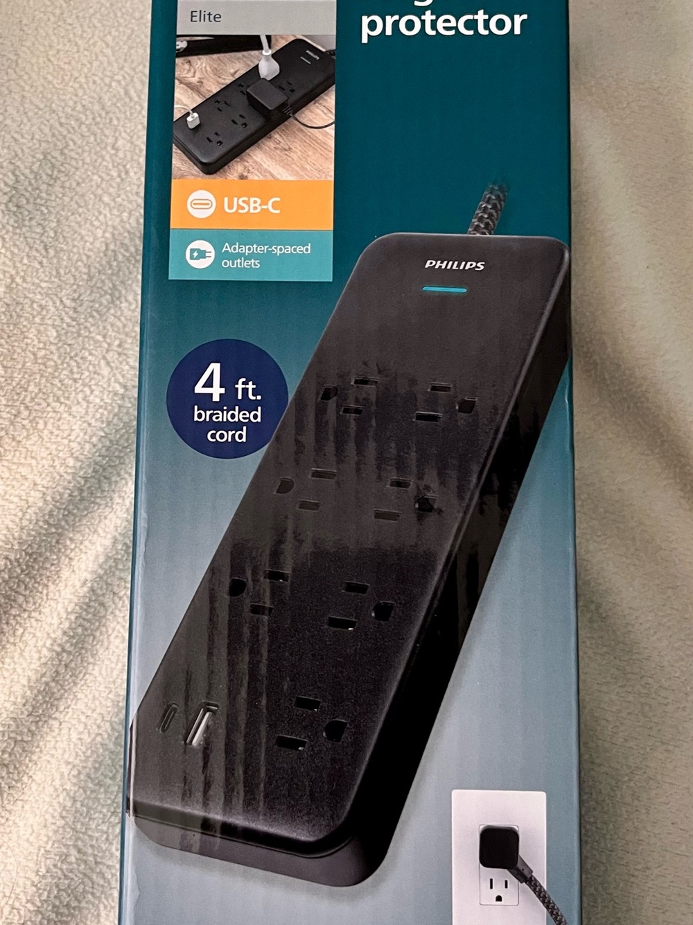 Philips 7 outlet Black USB-C Surge Protector Power Strip with Braided 4ft Cord